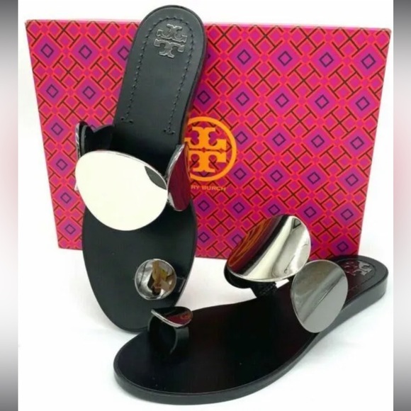 Tory Burch Patos Multi Disk Sandals Gray and Black Size